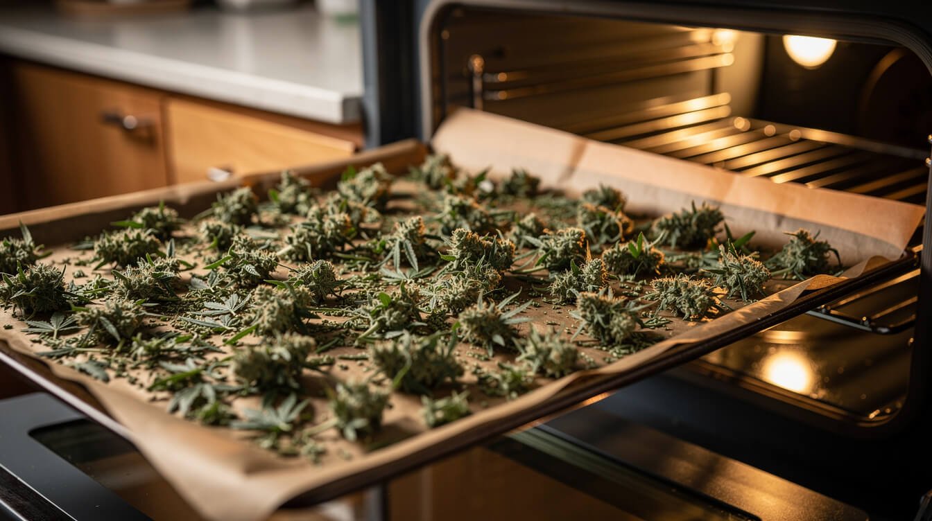 cannabis trim spread on a baking sheet for decarboxylation