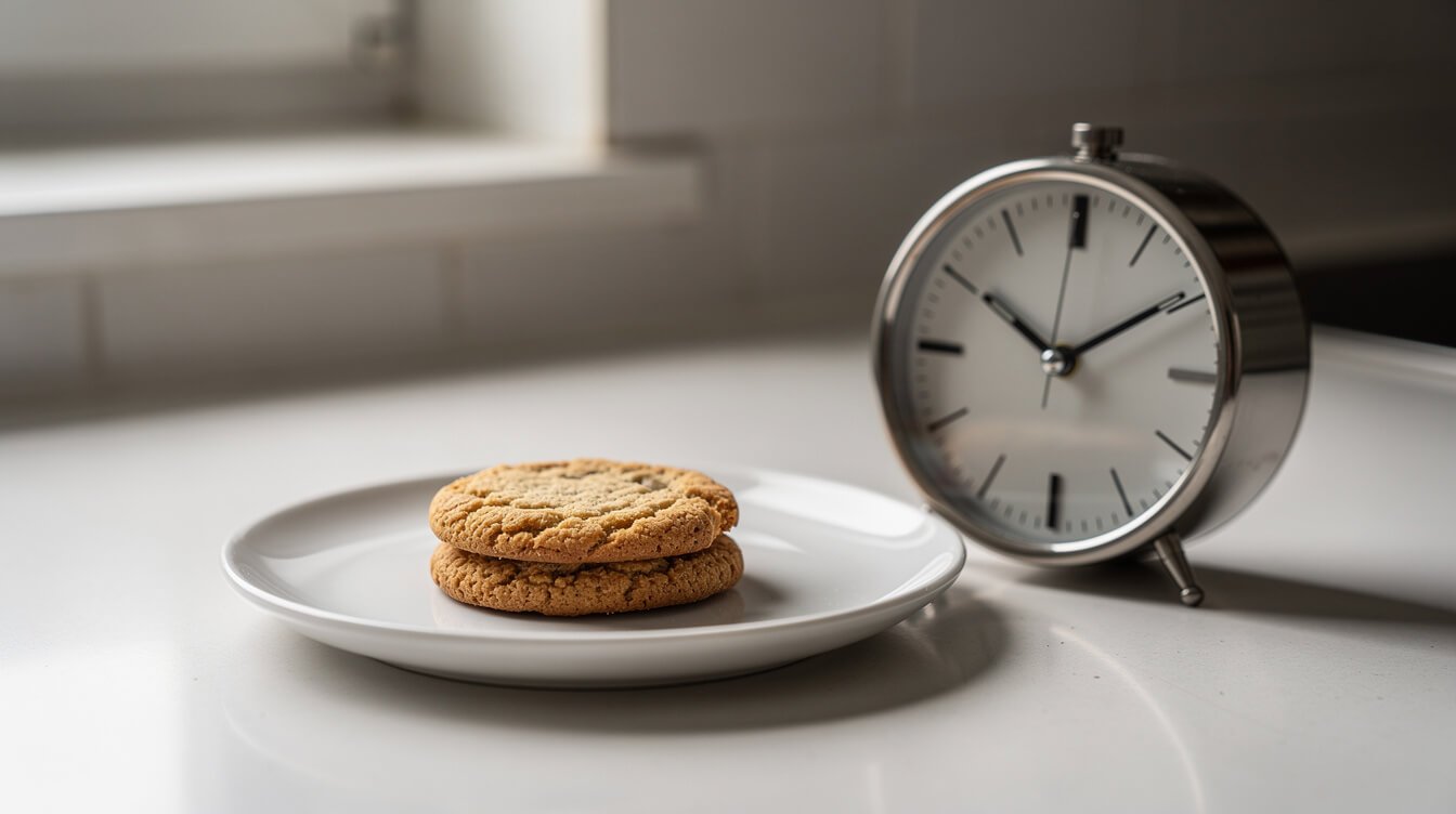 a single small edible cookie next to a clock, representing patience with edible onset