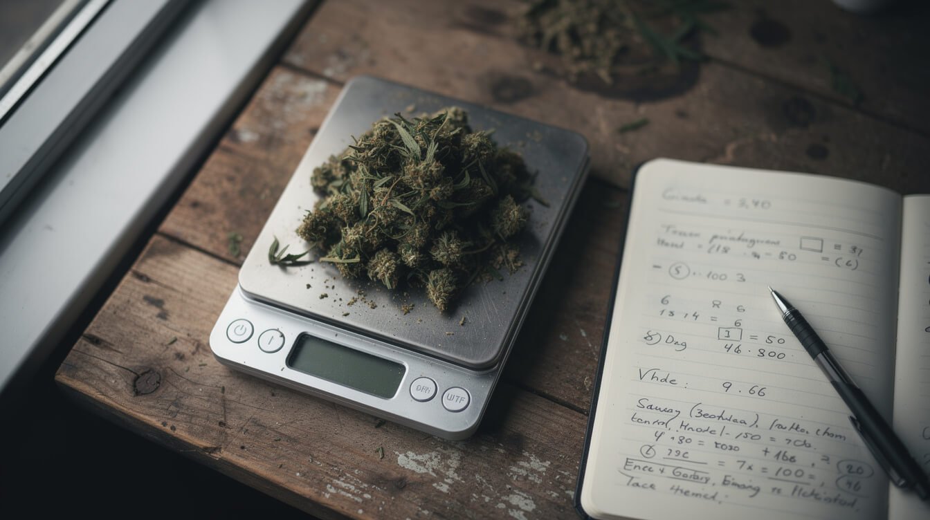kitchen scale weighing cannabis shake for potency estimation
