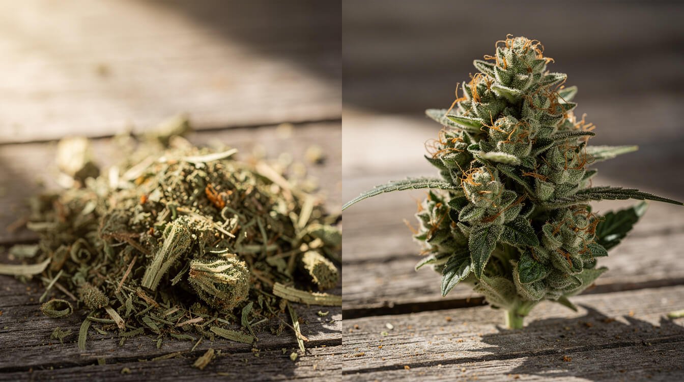 cannabis shake and trim next to a whole flower bud