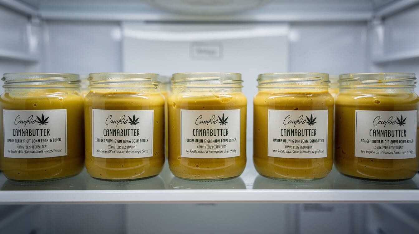 labeled jars of cannabutter stored in a refrigerator