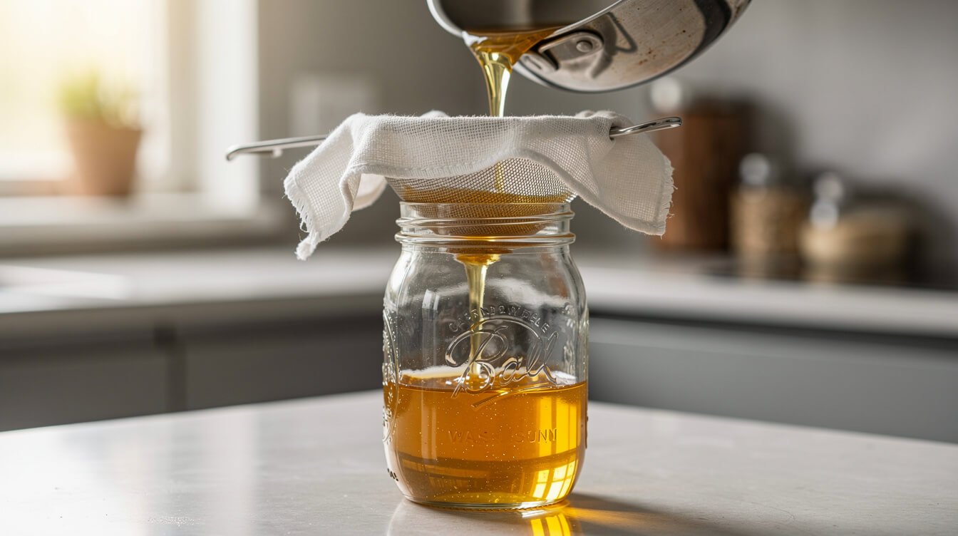 straining cannabutter through cheesecloth into a glass jar