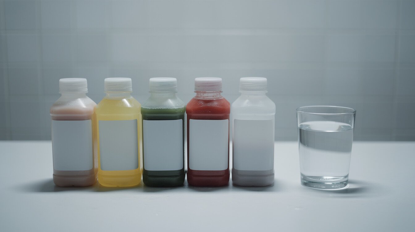 Row of detox drink bottles and a glass of water on a bathroom counter