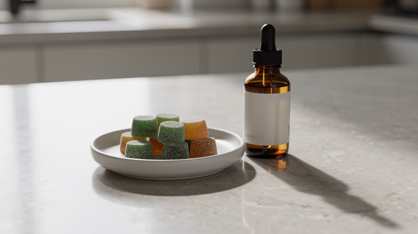 Cannabis gummies beside a CBD oil dropper bottle on a kitchen counter