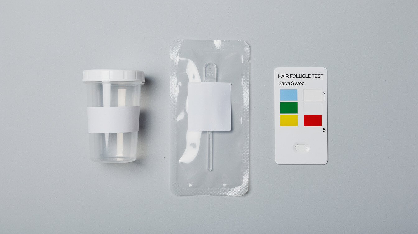 Urine, saliva, and hair drug-test collection items on a clinical surface