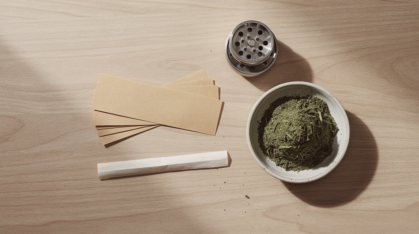 Flat lay of rolling papers, a grinder, and ground cannabis on an oak surface