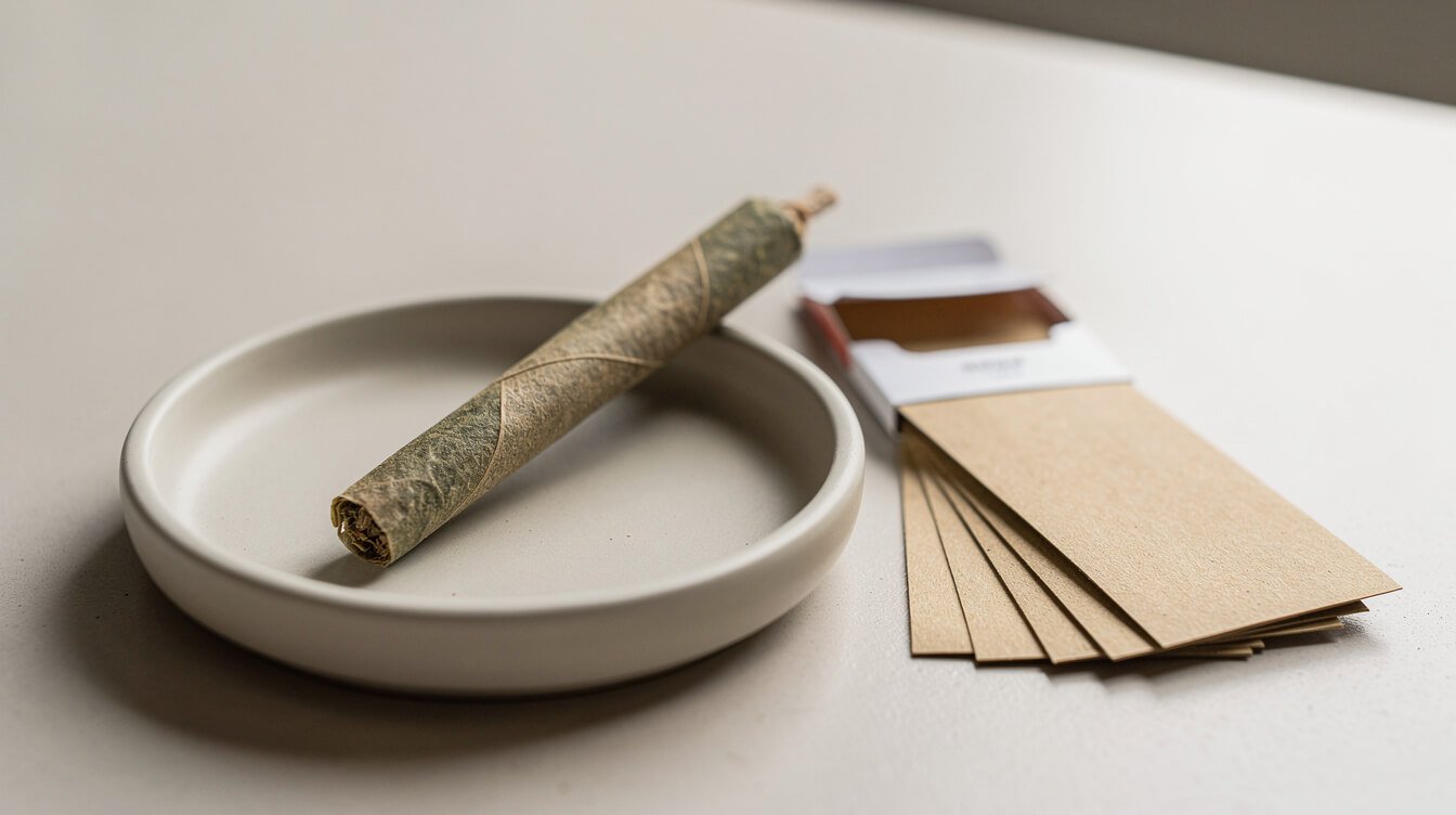A rolled joint on a ceramic dish beside unbleached rolling papers
