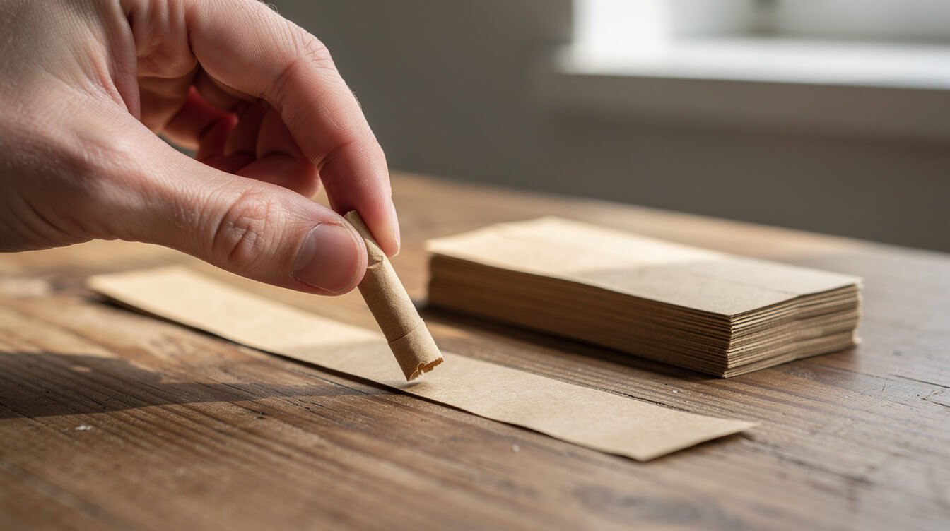 A thin strip of unbleached card rolled into a joint tip beside rolling papers