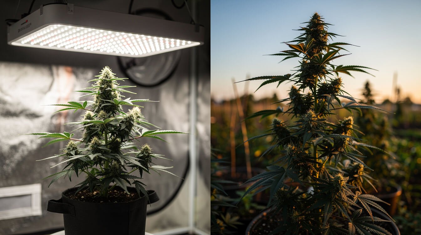 Compact indoor autoflower plant beside a tall outdoor cannabis plant