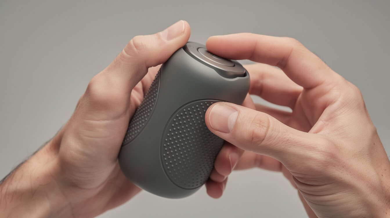 close-up of hands operating a button-controlled electric grinder