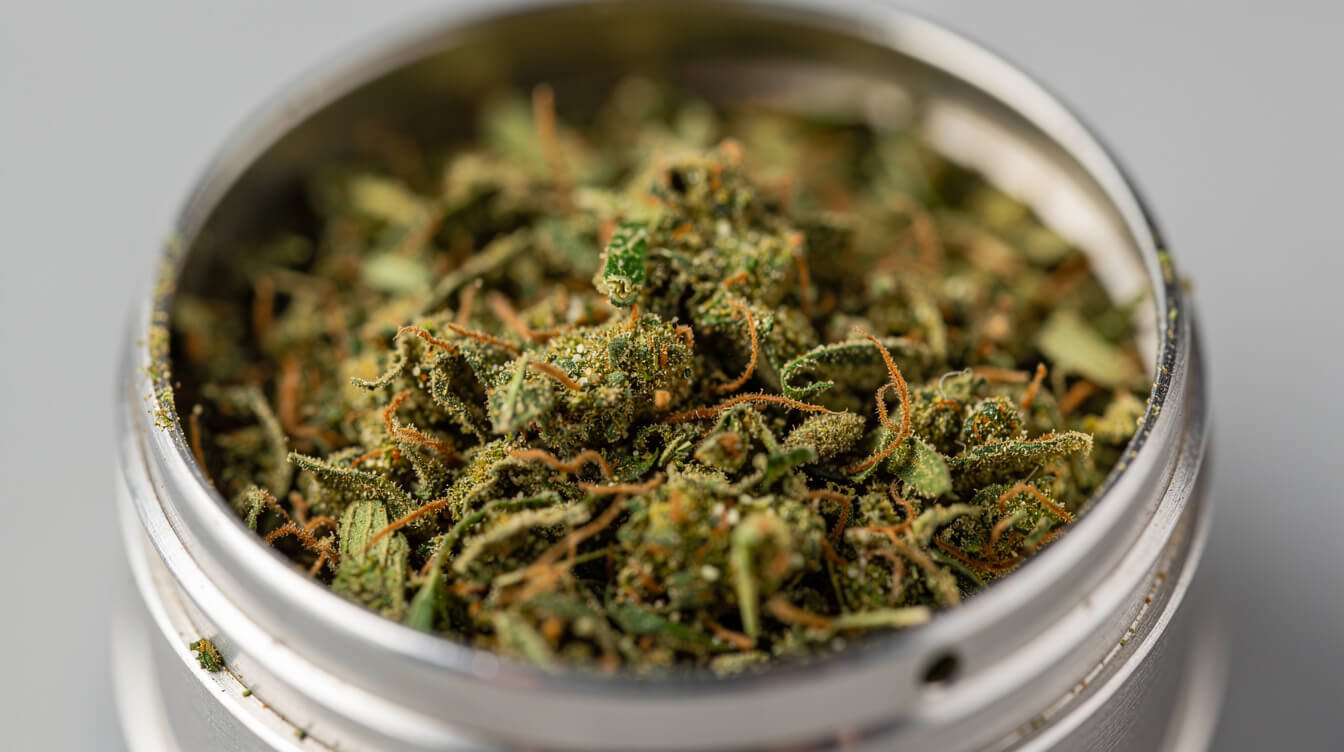 finely and evenly ground cannabis flower in a grinder chamber, best weed grinder electric comparison