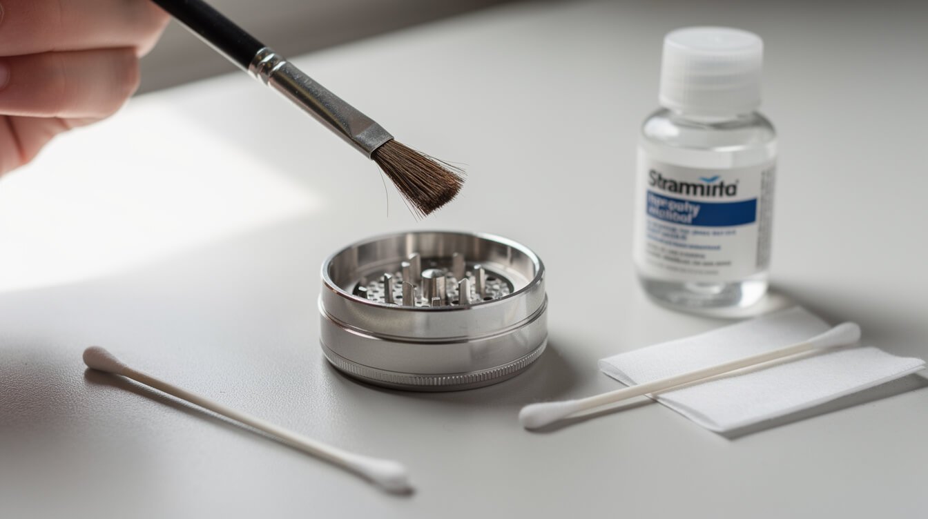 disassembled electric grinder chamber being cleaned with isopropyl alcohol and a brush