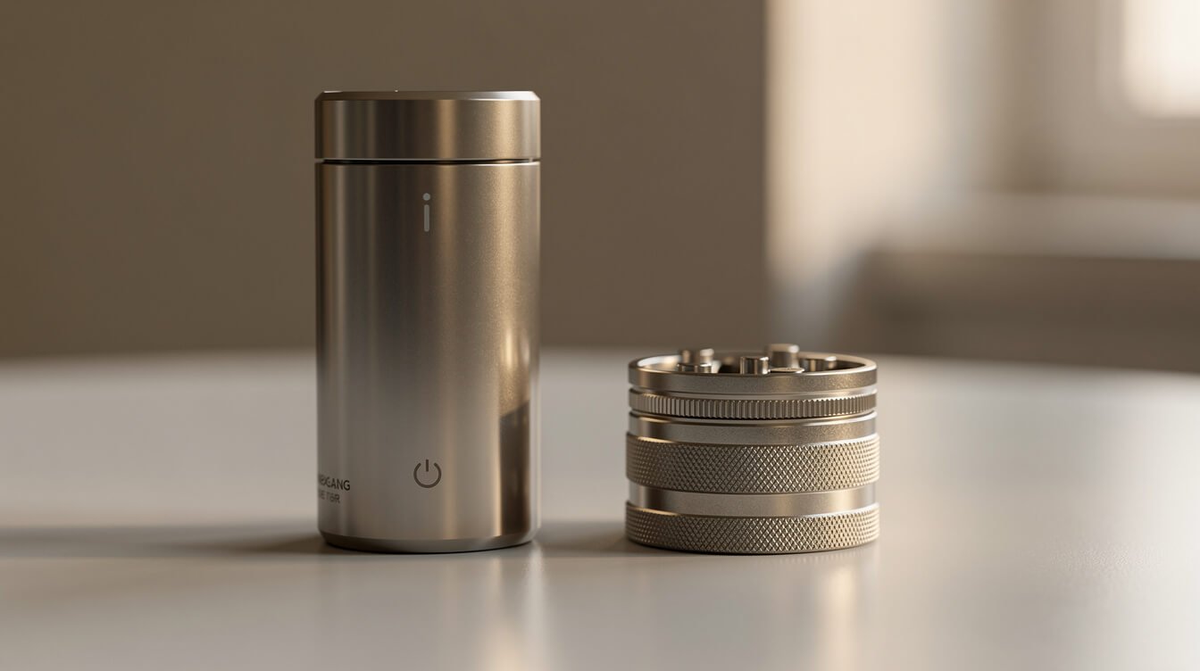 electric and manual cannabis grinders side by side on a wooden table