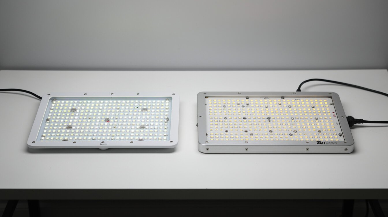 budget and premium led grow light fixtures side by side on a workbench