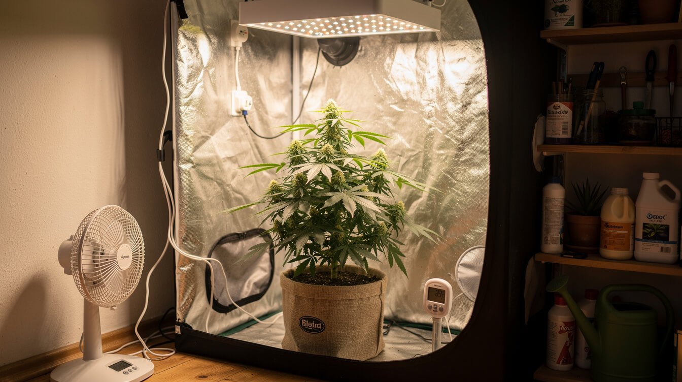 single cannabis plant growing under a hanging led light in a home grow tent