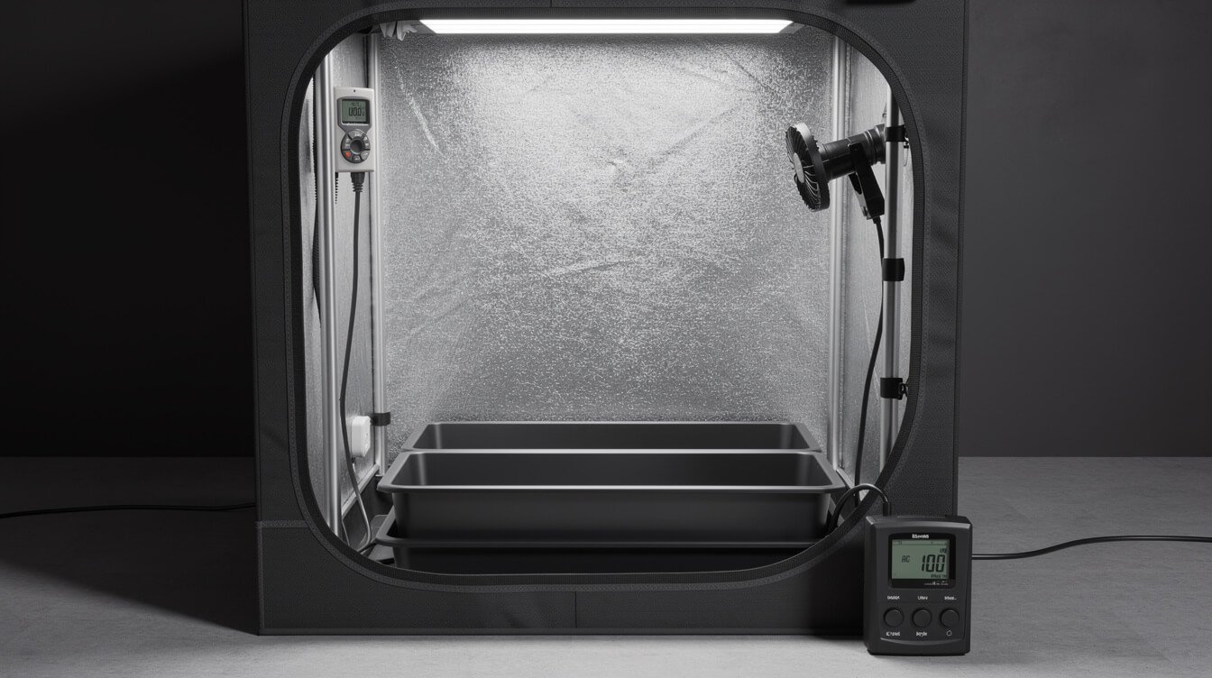 tidy home grow tent setup with dimmer controller, clip fan, and digital timer