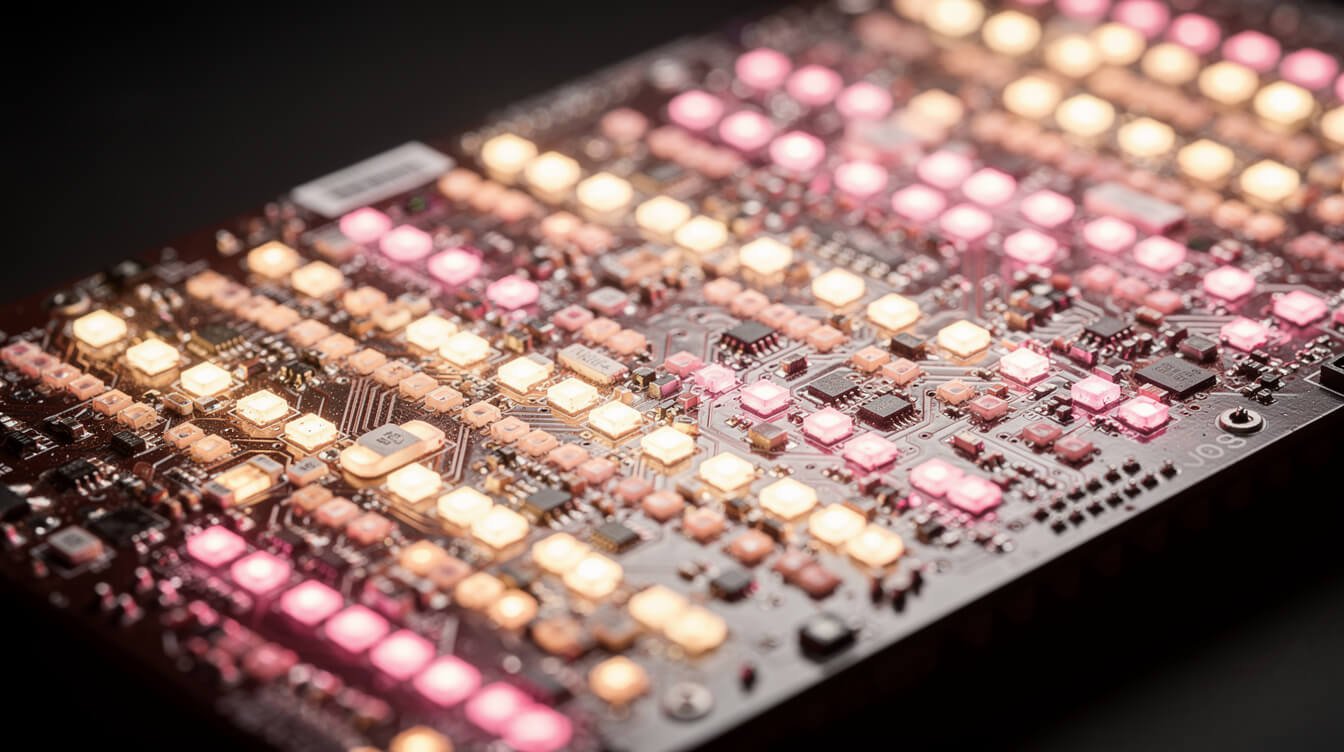macro view of led grow light diodes on a quantum board