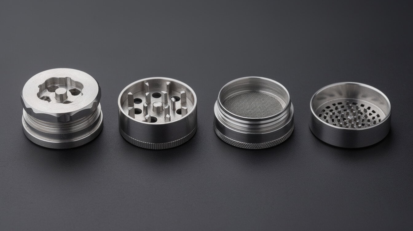 disassembled multi-chamber herb grinder showing kief screen