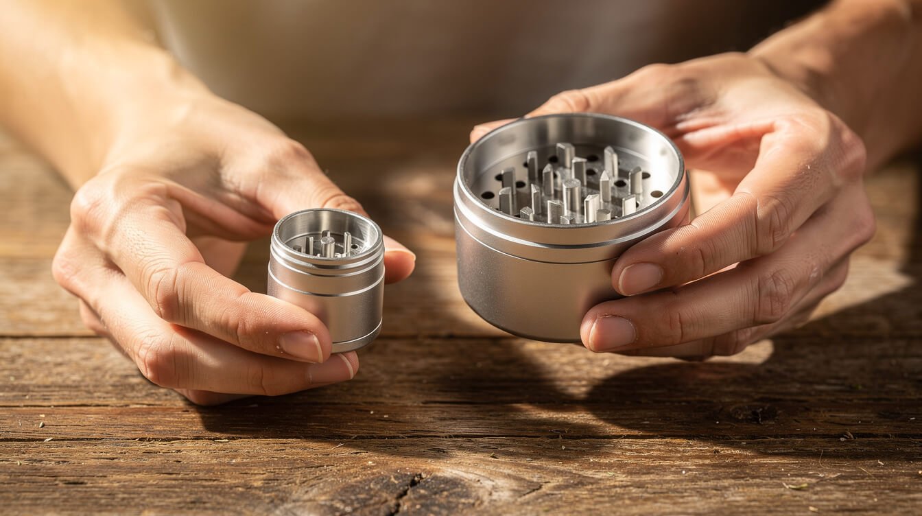 person choosing between different grinder sizes on a table