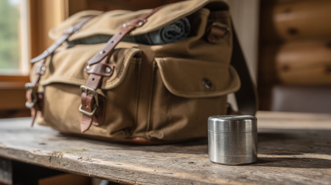 small travel-sized weed grinder next to a backpack