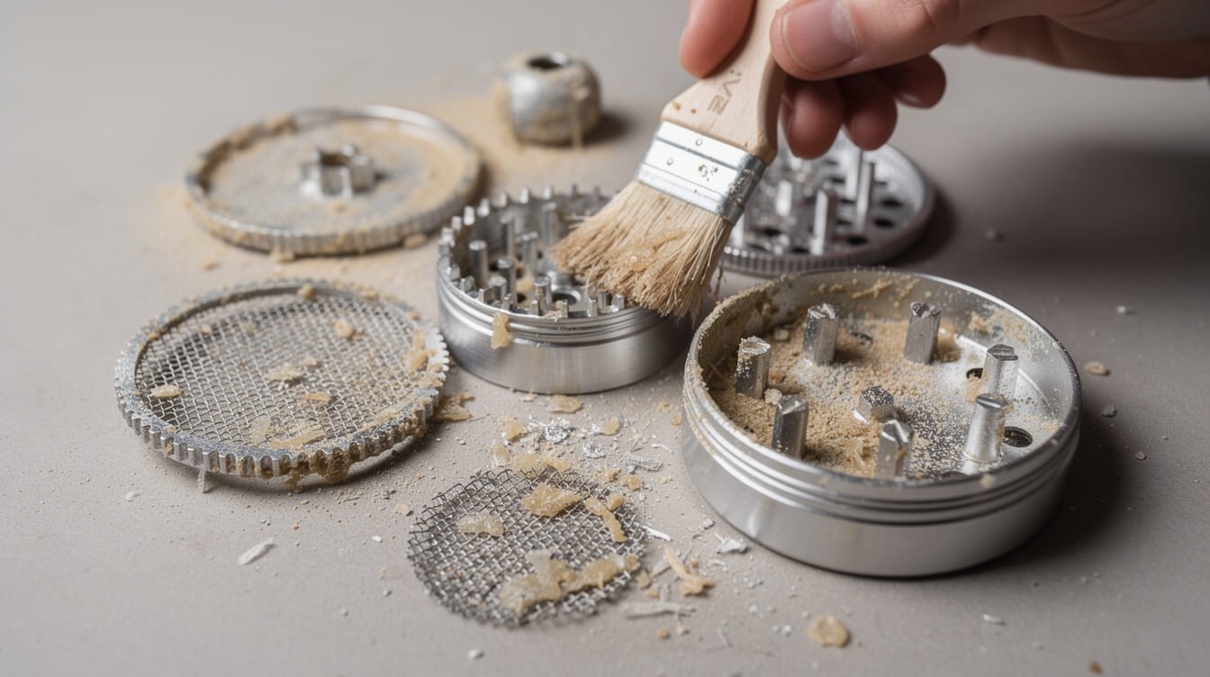 disassembled grinder pieces being cleaned with a brush