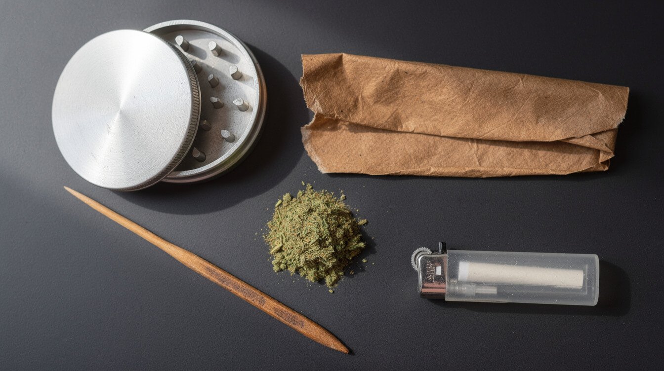 grinder, blunt wrap, and lighter laid out for rolling a blunt