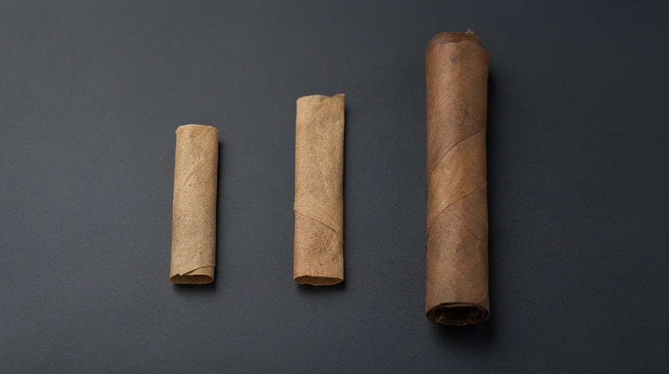 different blunt wrap sizes side by side, mini cigarillo and full cigar