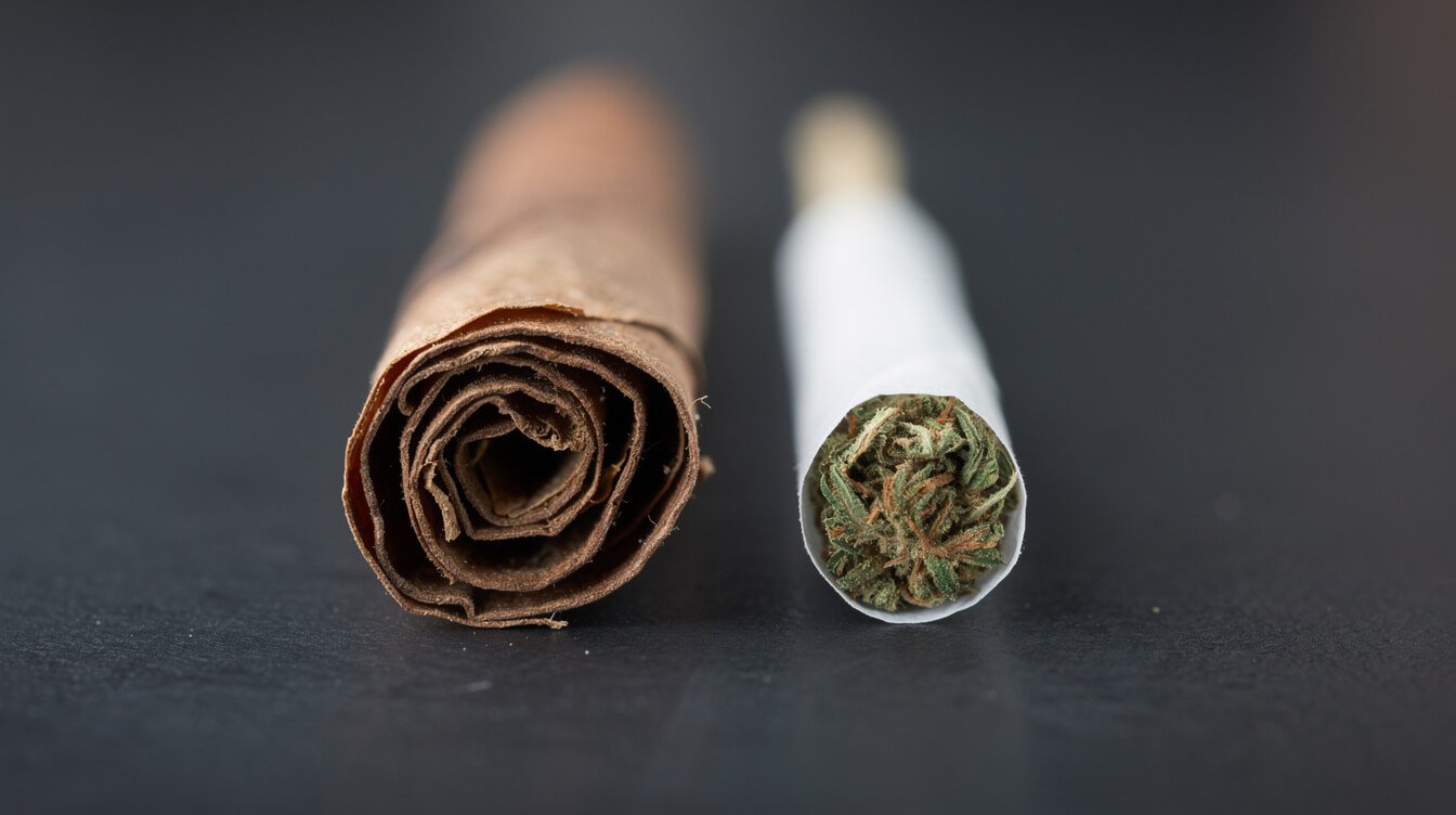 rolled blunt next to a rolled joint for comparison