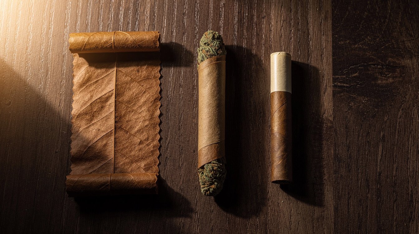 cannabis blunt and cigarillo wrap on a wooden table