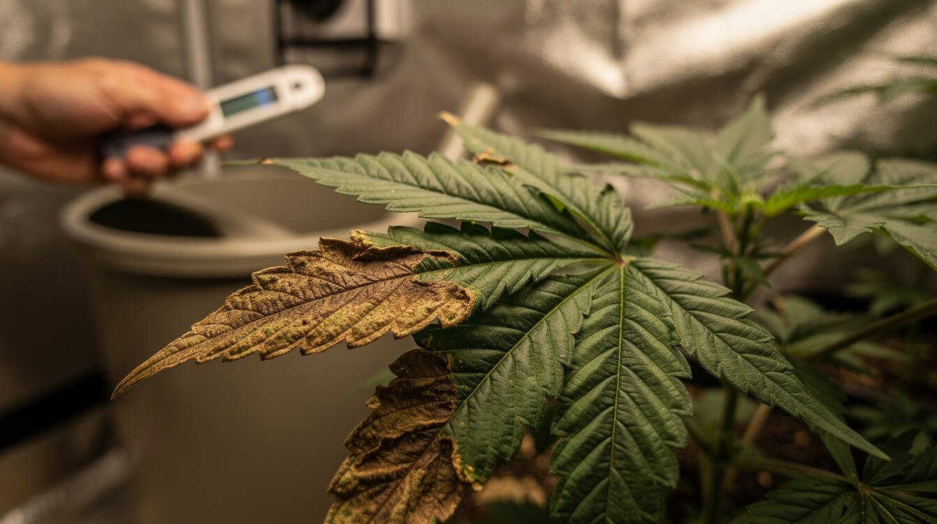 Cannabis leaf with nutrient burn beside a pH meter in a grow tent