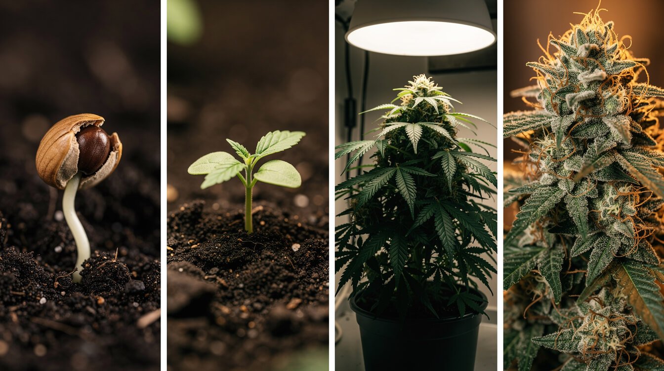 Cannabis plant at four growth stages from seedling to flowering cola