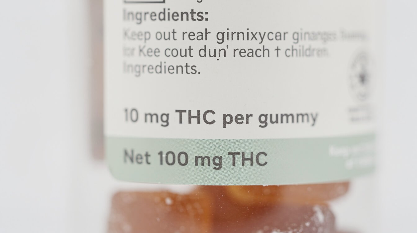 close-up of a cannabis gummy product label showing cbd and thc milligram content