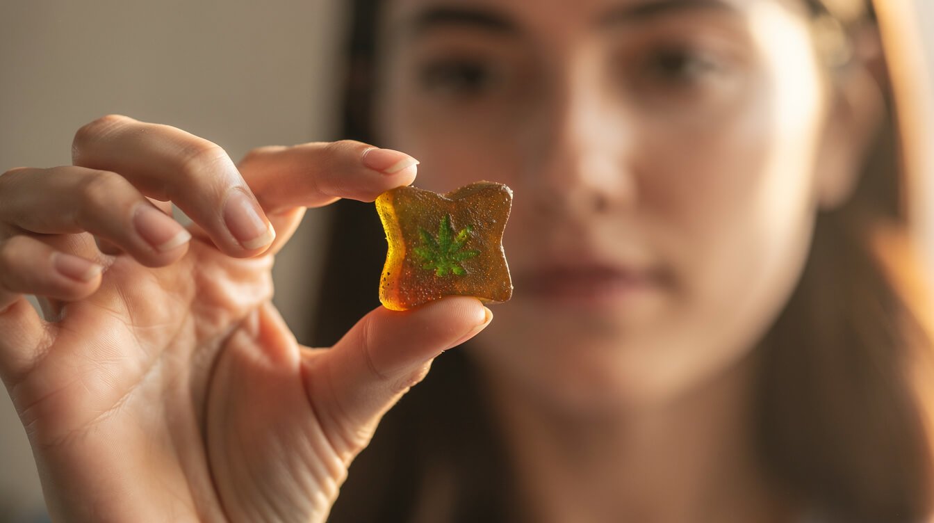person looking thoughtfully at a single cannabis gummy before eating it