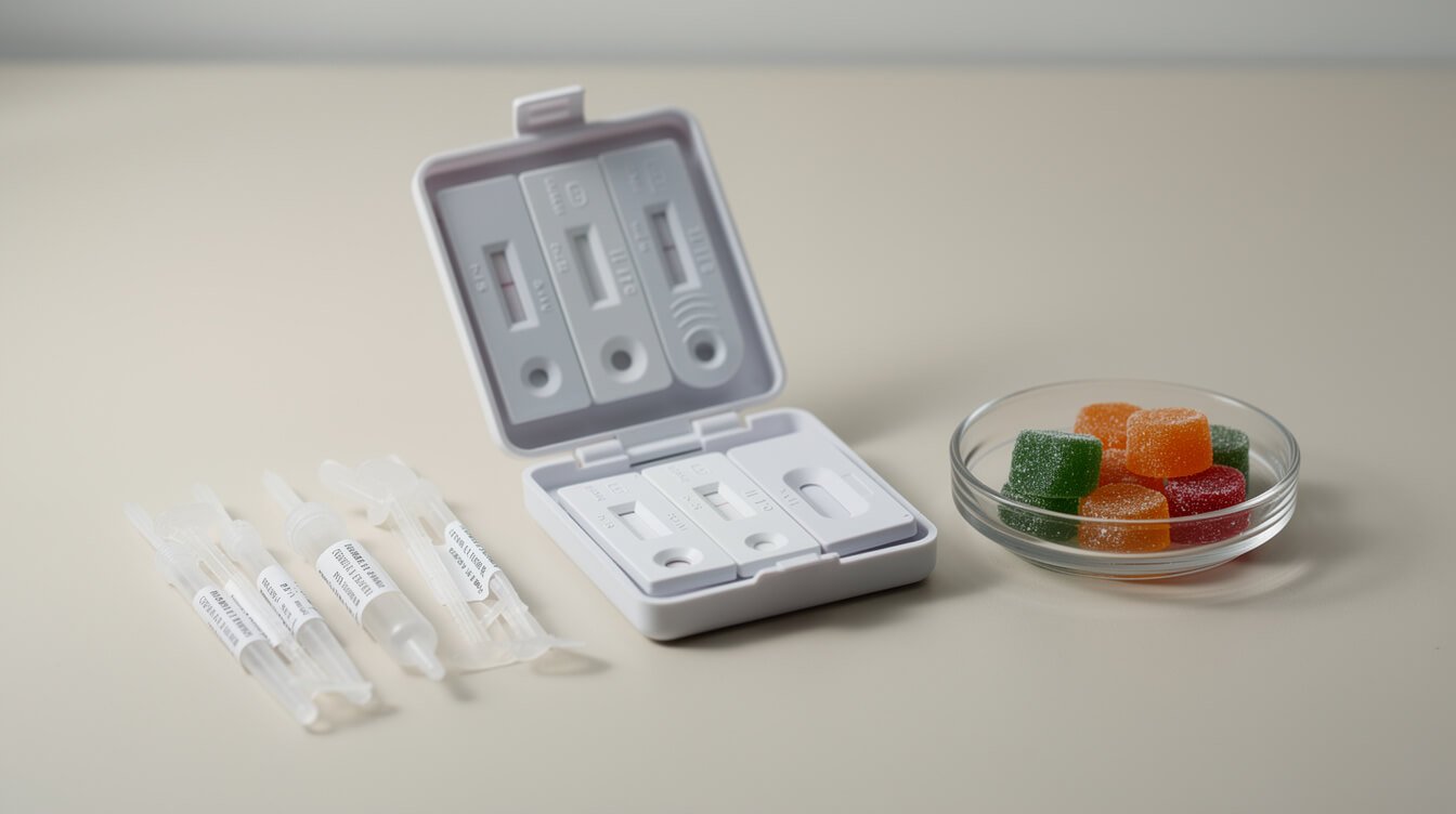 drug test kit next to cannabis gummies