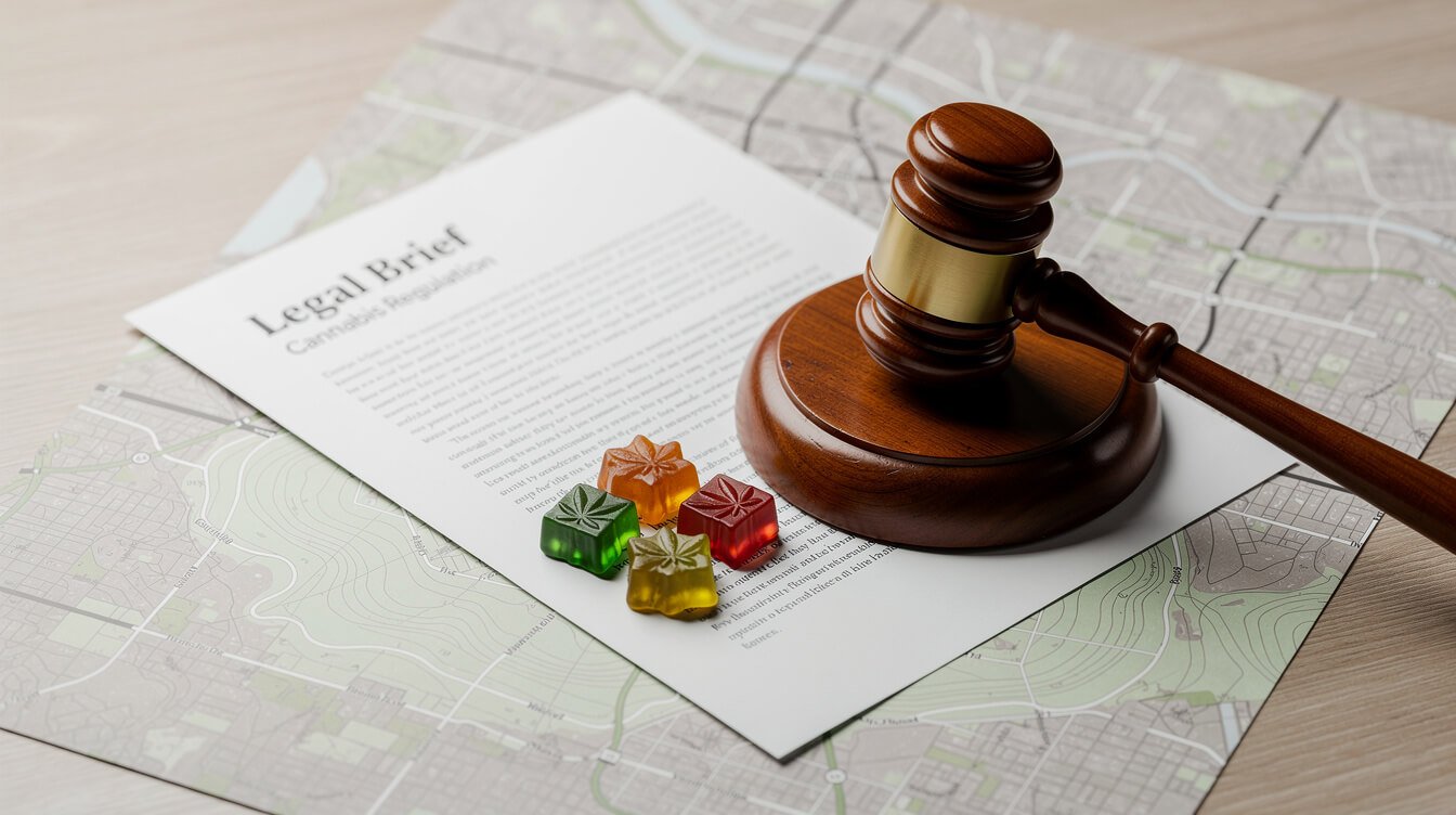 gavel next to cannabis gummies representing legal status