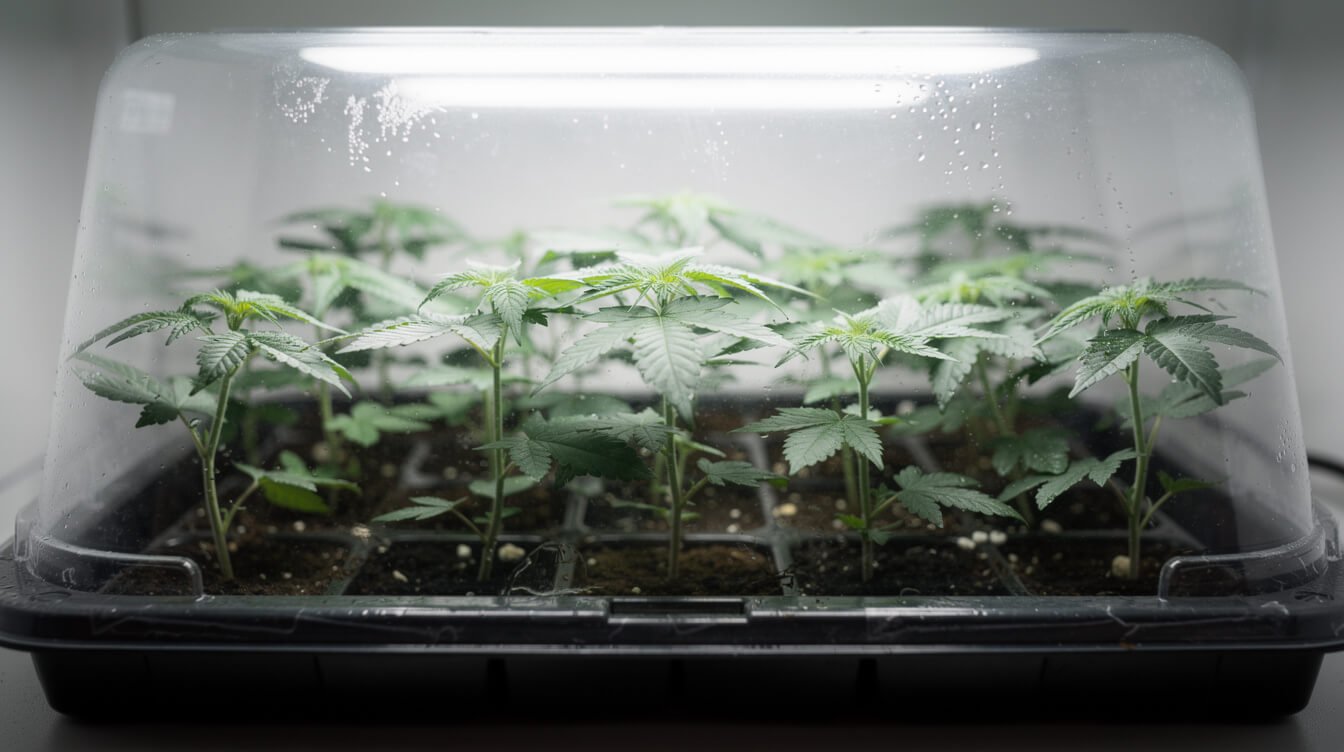young cannabis clones under a humidity dome on a heat mat
