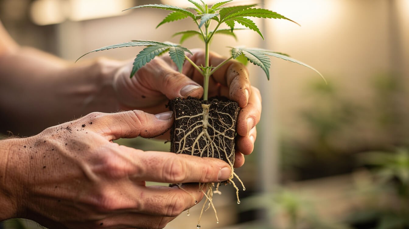 grower checking root development on a cannabis clone
