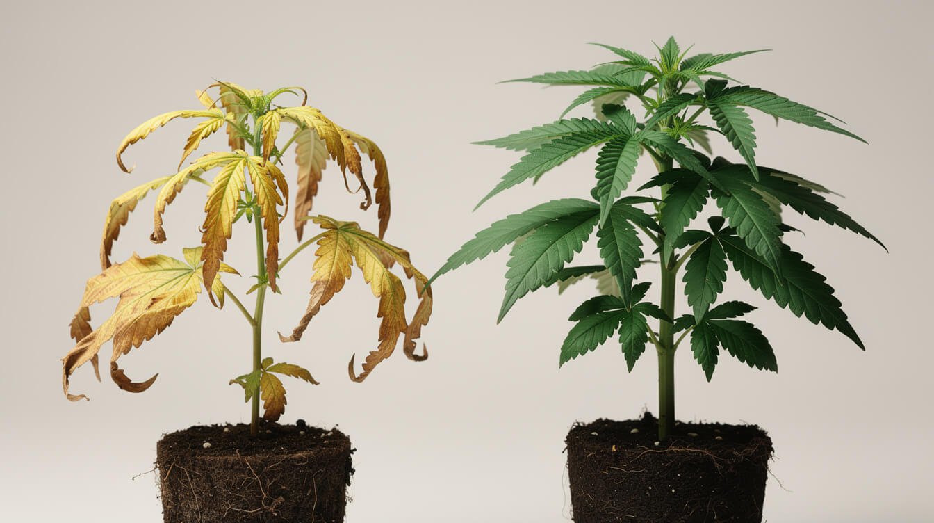 a wilted cannabis clone cutting next to a healthy green one