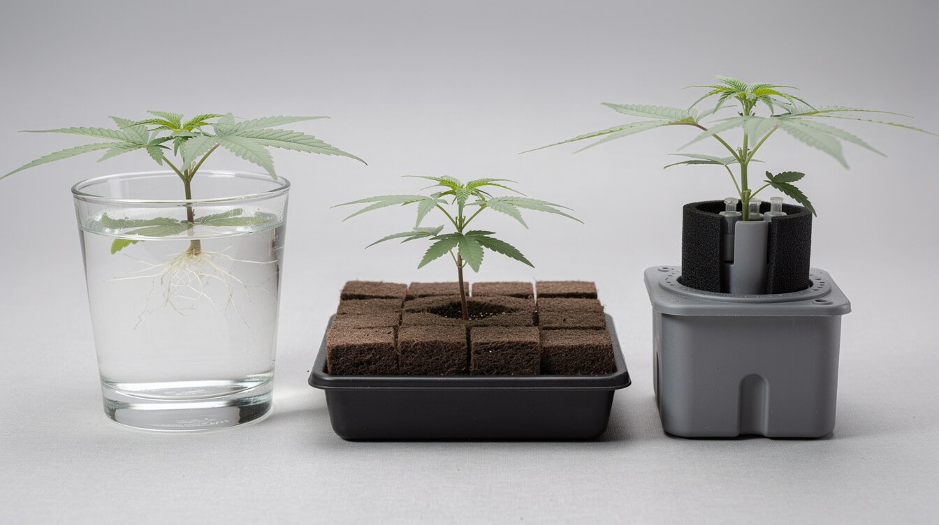 three cannabis clones rooting in water, rockwool cubes, and an aeroponic cloner