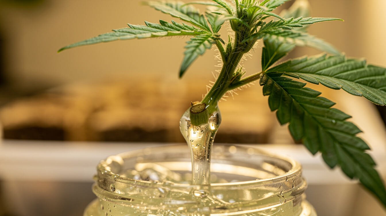 how to clone a cannabis plant — dipping a fresh cutting in rooting gel