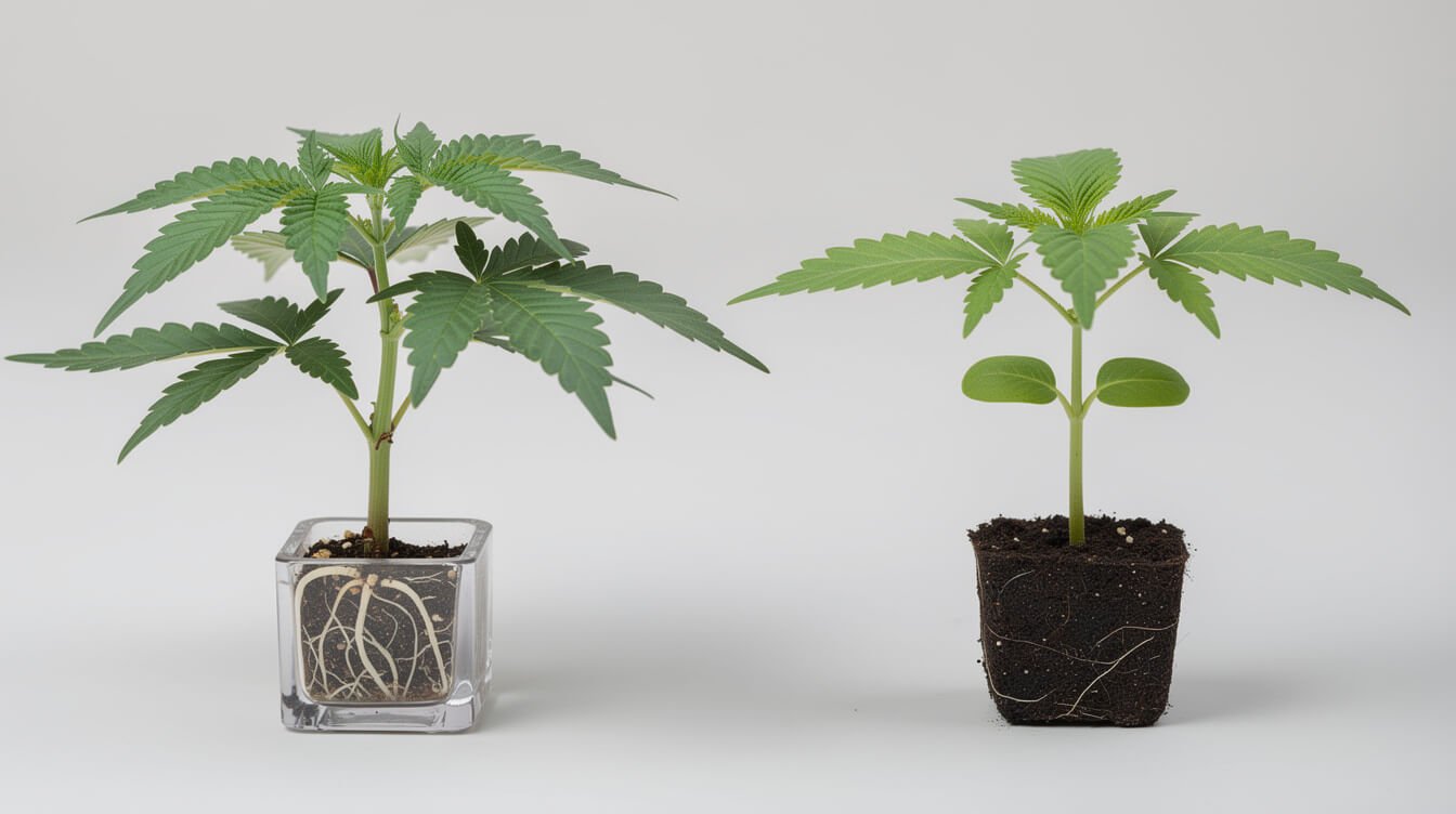 rooted cannabis clone next to a young seedling grown from seed