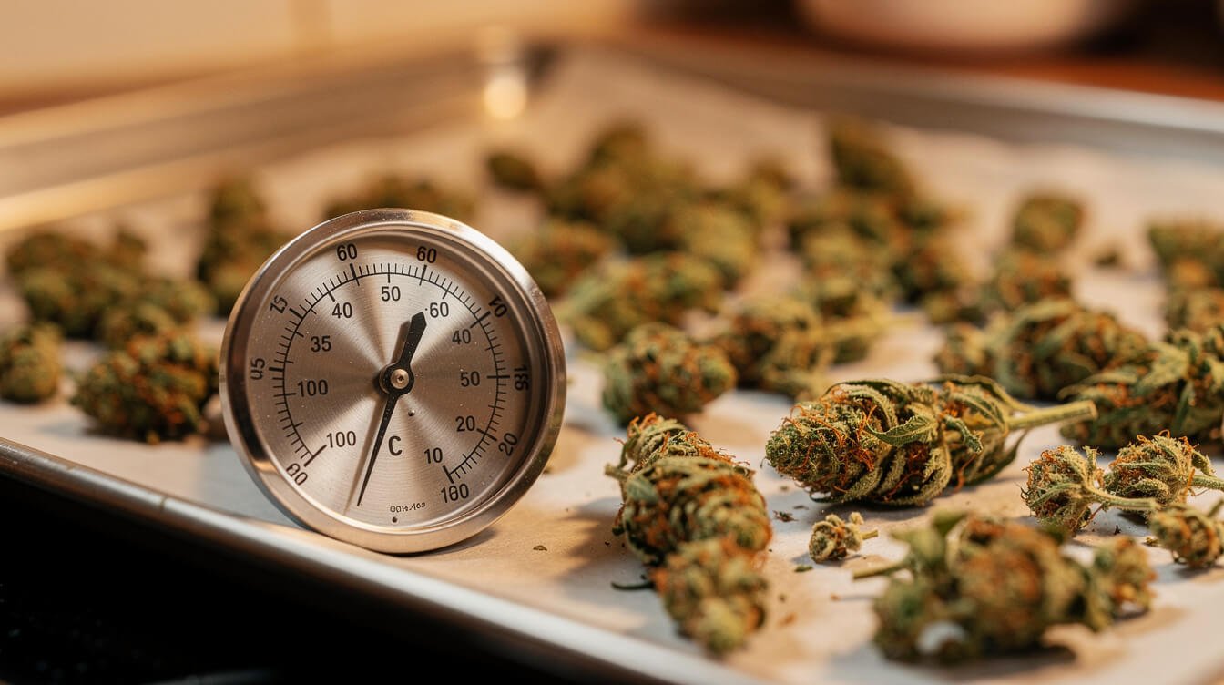 oven thermometer and cannabis flower on baking sheet