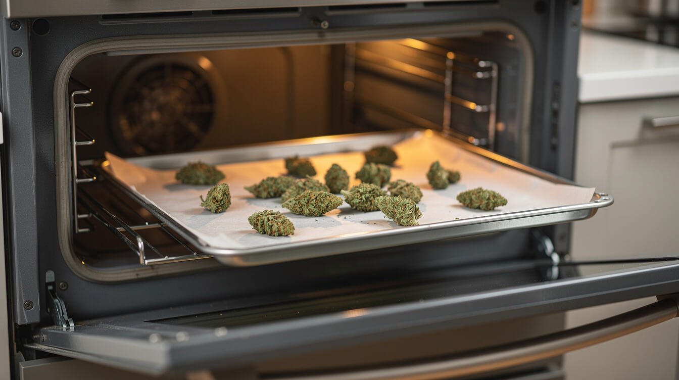 cannabis flower gently warming in a low-temperature oven