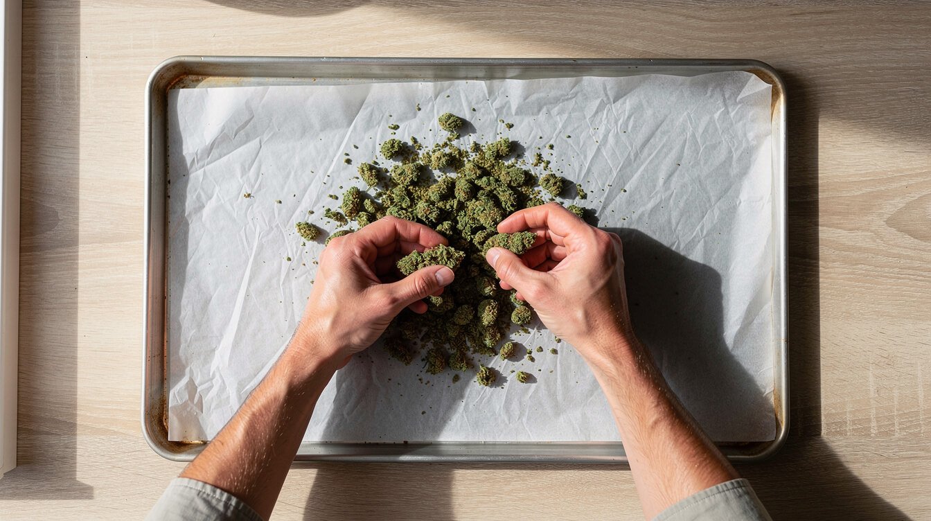 hands breaking cannabis flower onto a parchment lined baking sheet before decarboxylation