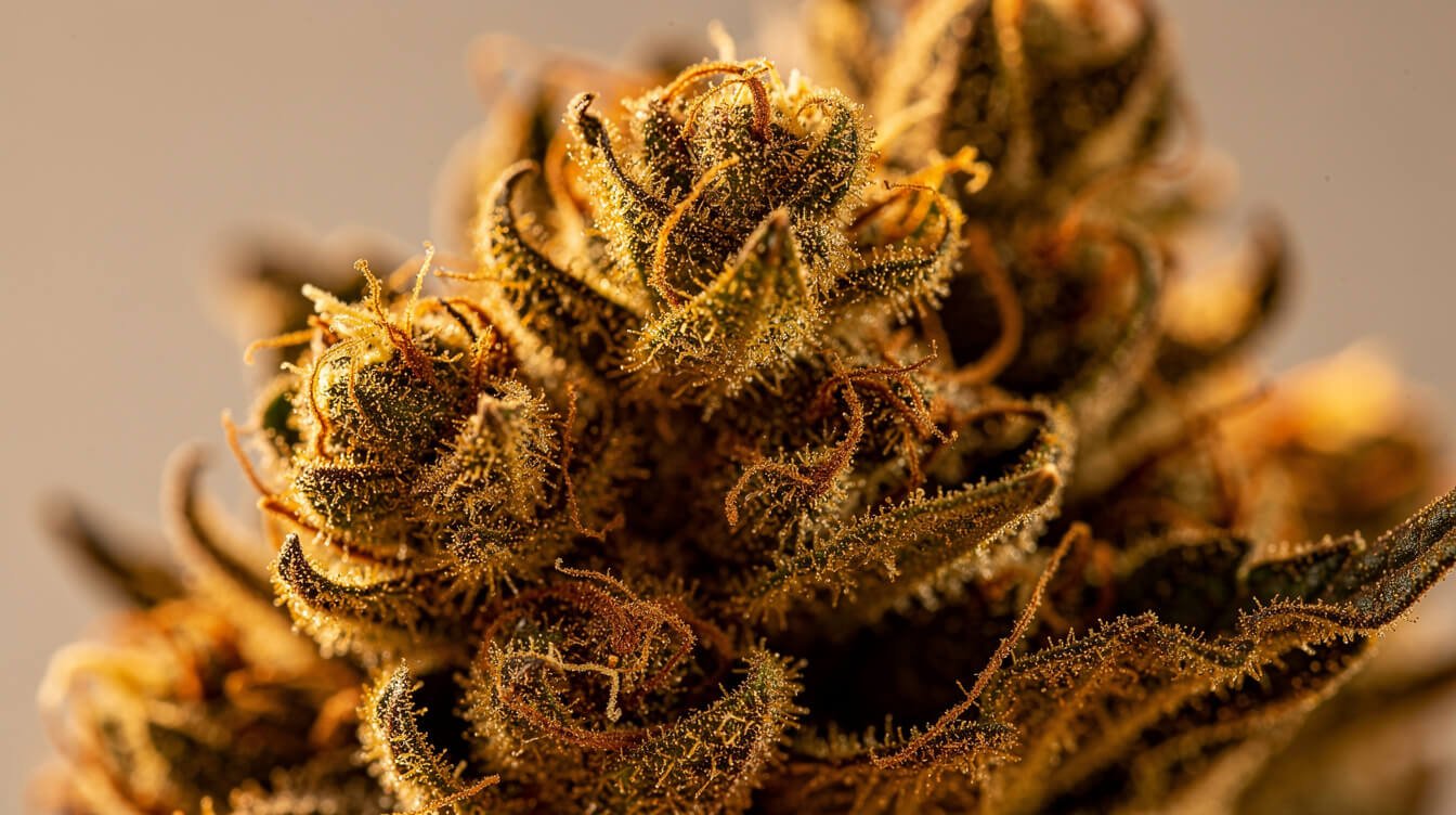 close-up of properly decarboxylated golden brown cannabis flower
