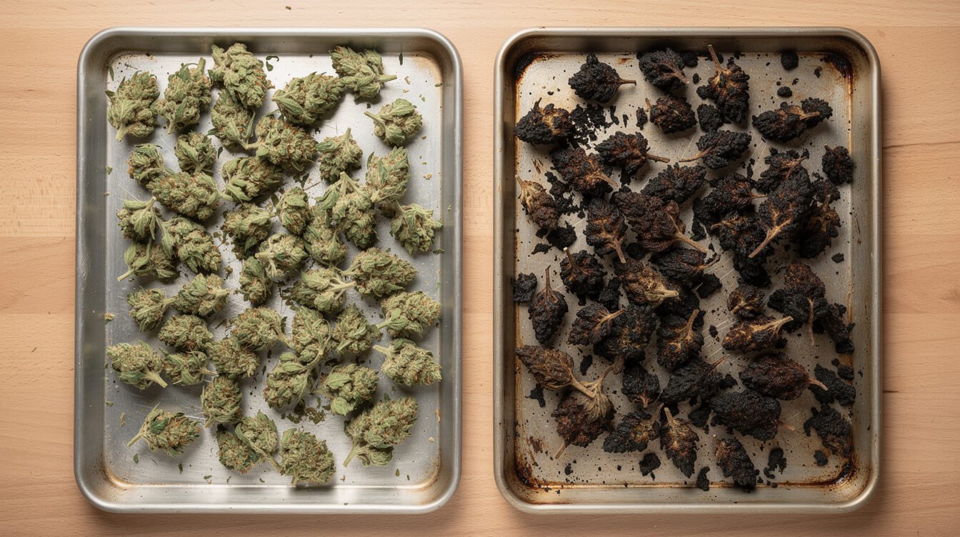side by side comparison of underdecarbed and scorched cannabis flower