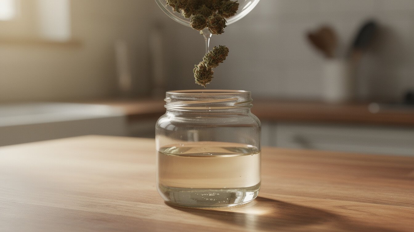 decarboxylated cannabis being added to a jar of alcohol for a tincture