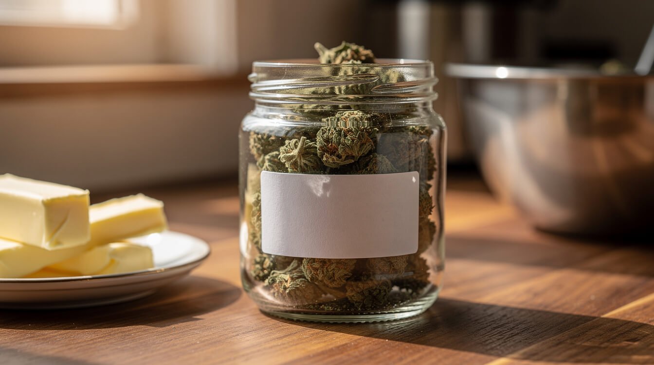 jar of decarboxylated cannabis ready for infusion