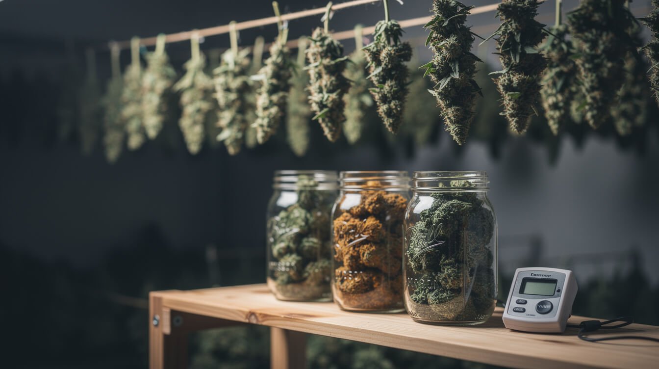 Cannabis buds hanging to dry beside jars of cured bud and a hygrometer