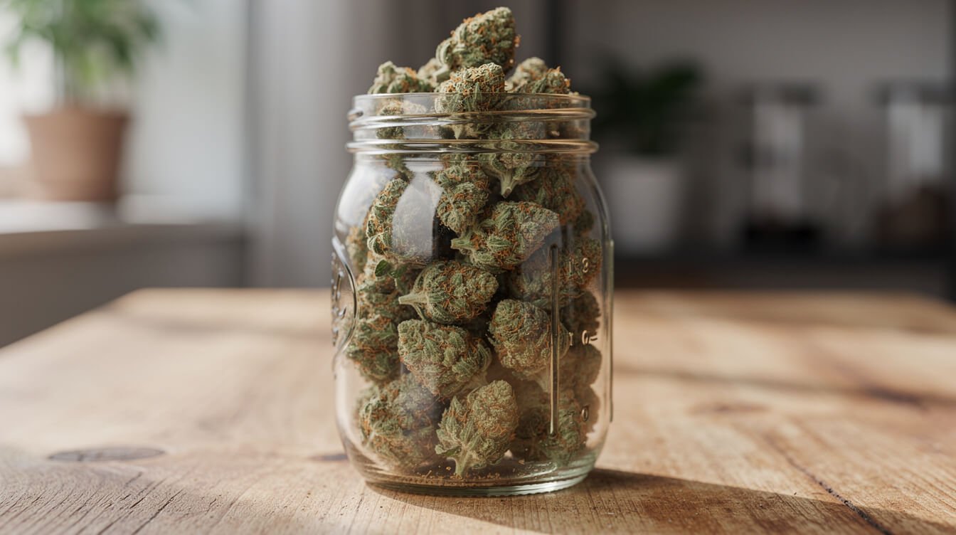 how to cure buds in jars properly — glass mason jars of dried cannabis buds on a wooden shelf